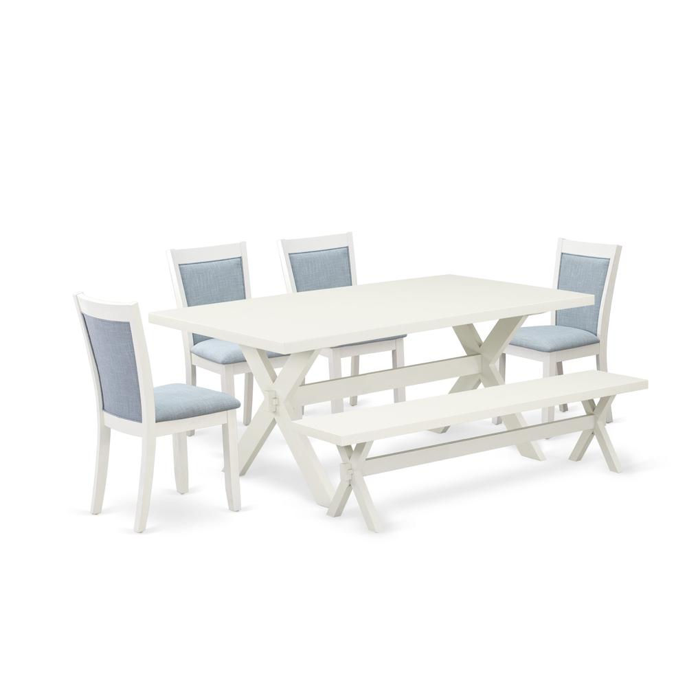 X027MZ015-6 6-Piece Table Set Includes a Dining Table - 4 Baby Blue Parson Chairs and a Bench - Wire Brushed Linen White Finish. Picture 2
