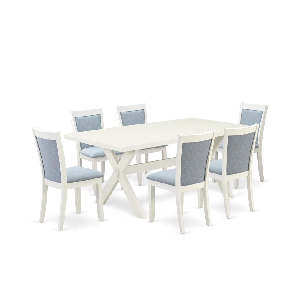 X027MZ015-7 7-Pc Dining Set Includes a Wooden Dining Table and 6 Baby Blue Dining Room Chairs - Wire Brushed Linen White Finish. Picture 2