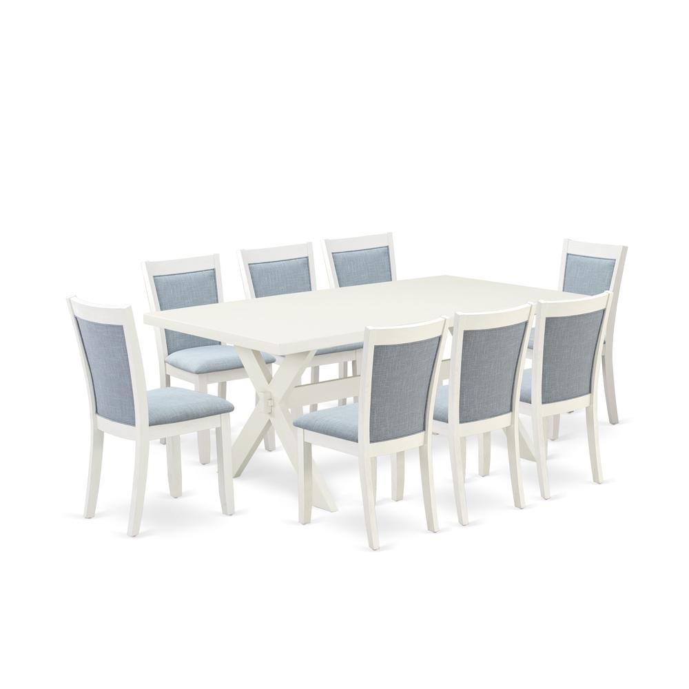 X027MZ015-9 9-Pc Modern Dining Table Set Includes a Dining Table and 8 Baby Blue Dining Chairs - Wire Brushed Linen White Finish. Picture 2