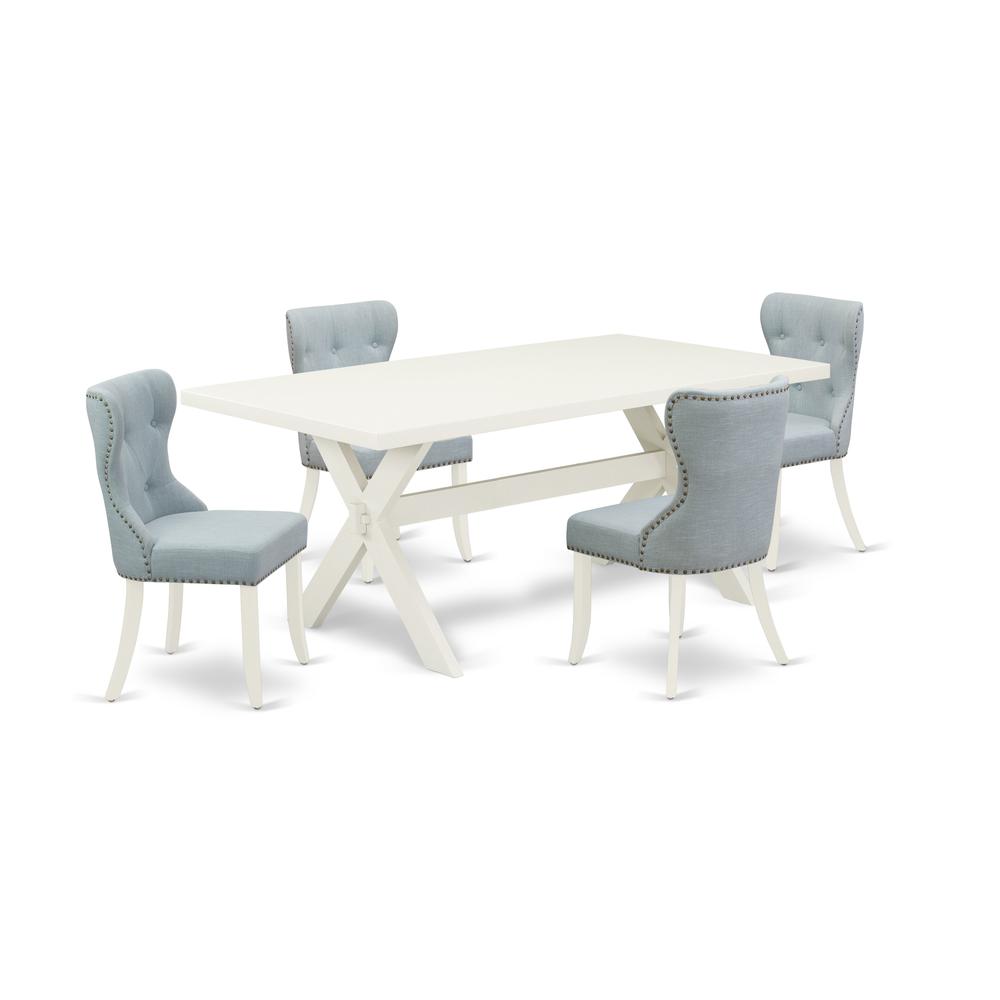 East West Furniture X027SI215-5 5-Piece Dining Set- 4 Kitchen Chairs with Baby Blue Linen Fabric Seat and Button Tufted Chair Back - Rectangular Table Top & Wooden Cross Legs - Linen White Finish. Picture 1