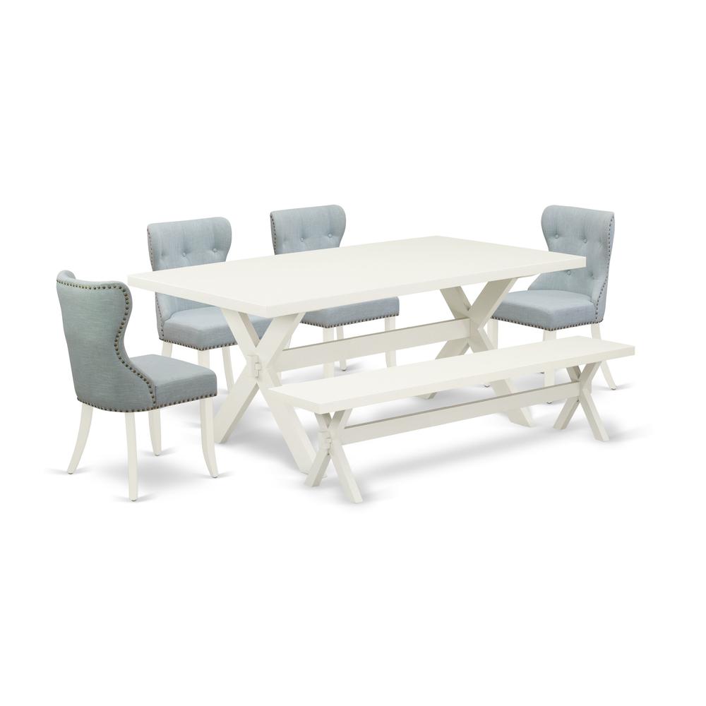 East West Furniture X027SI215-6 6-Pc Dinette Set- 4 Dining Room Chairs with Baby Blue Linen Fabric Seat and Button Tufted Chair Back - Rectangular Top & Wooden Cross Legs Dining Table and Wood Bench -. Picture 1