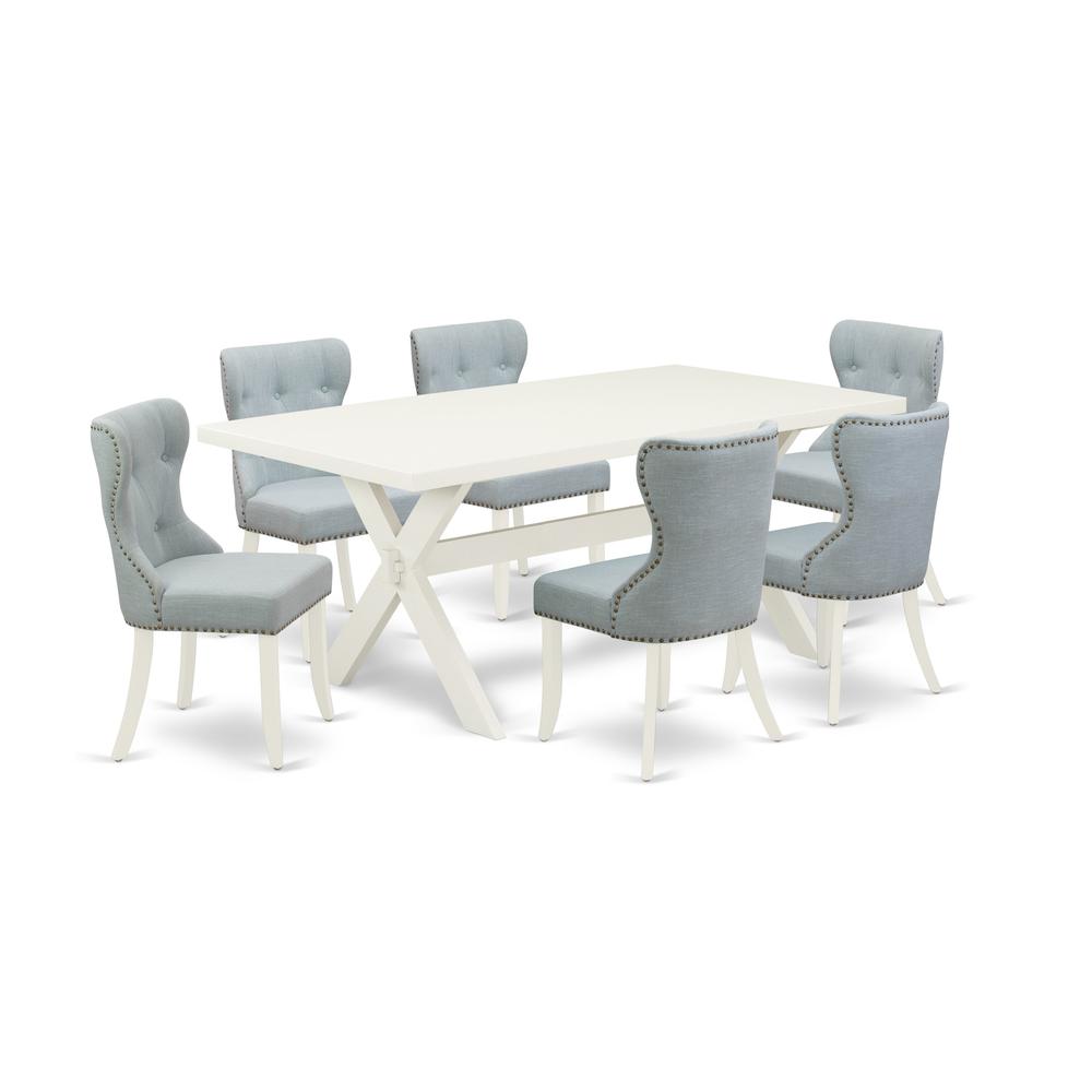 East West Furniture X027SI215-7 7-Pc Modern Dining Set- 6 Dining Chairs with Baby Blue Linen Fabric Seat and Button Tufted Chair Back - Rectangular Table Top & Wooden Cross Legs - Linen White Finish. Picture 1