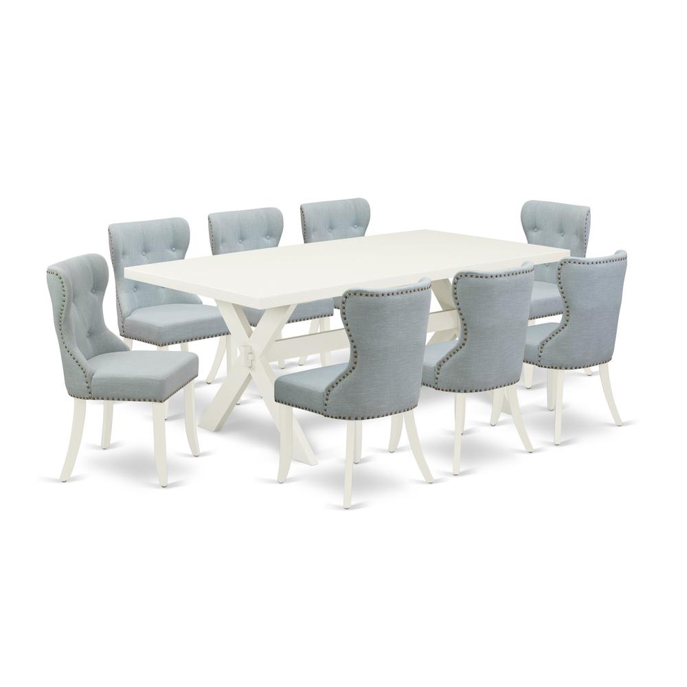 East West Furniture X027SI215-9 9-Pc Kitchen Dining Set- 8 Dining Padded Chairs with Baby Blue Linen Fabric Seat and Button Tufted Chair Back - Rectangular Table Top & Wooden Cross Legs - Linen White. Picture 1