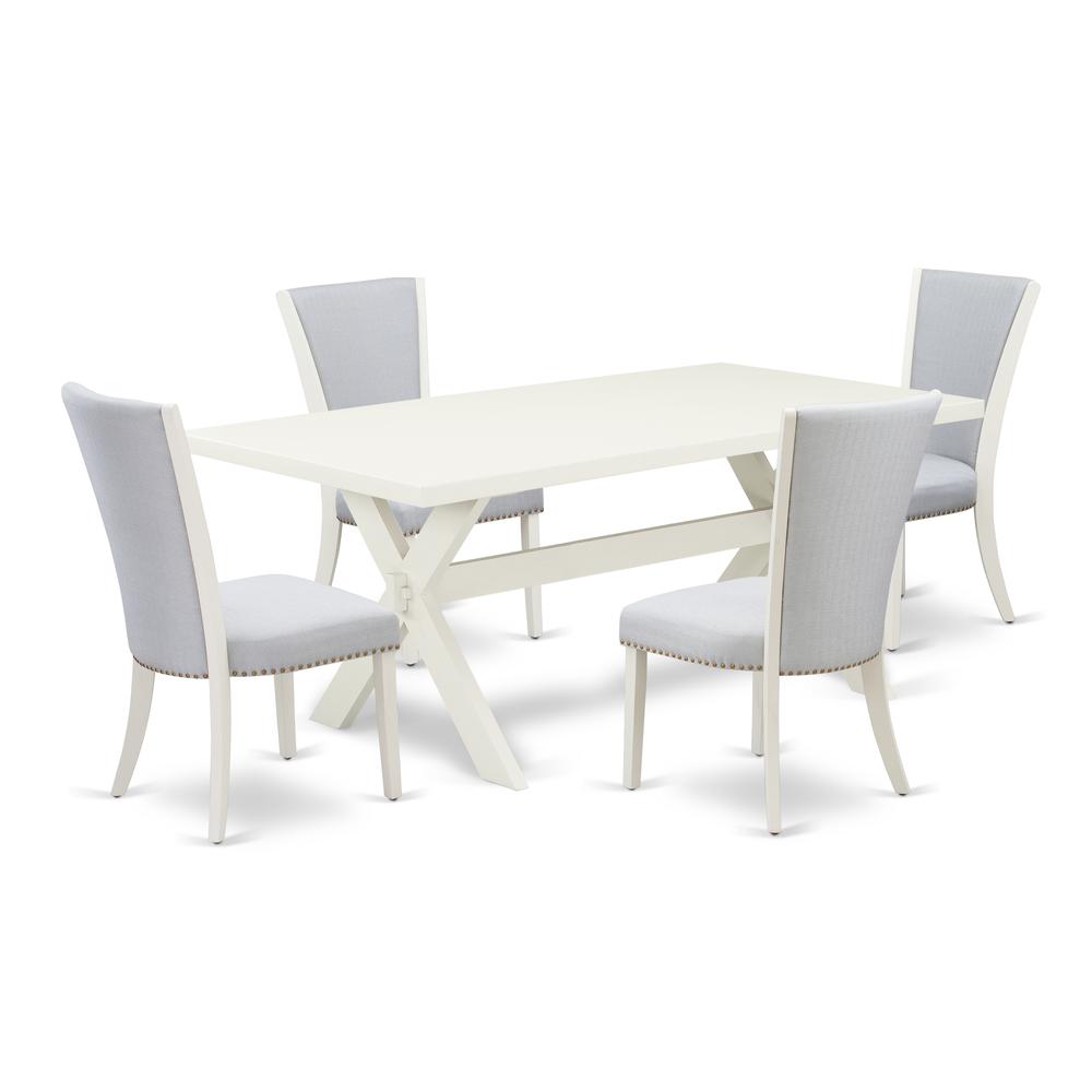 East West Furniture 5-Piece Dining Room Set Consists of 4 Dining Room Chairs with Upholstered Seat and Stylish Back-Rectangular Dinner Table - Linen White and Wirebrushed Linen White Finish. Picture 1