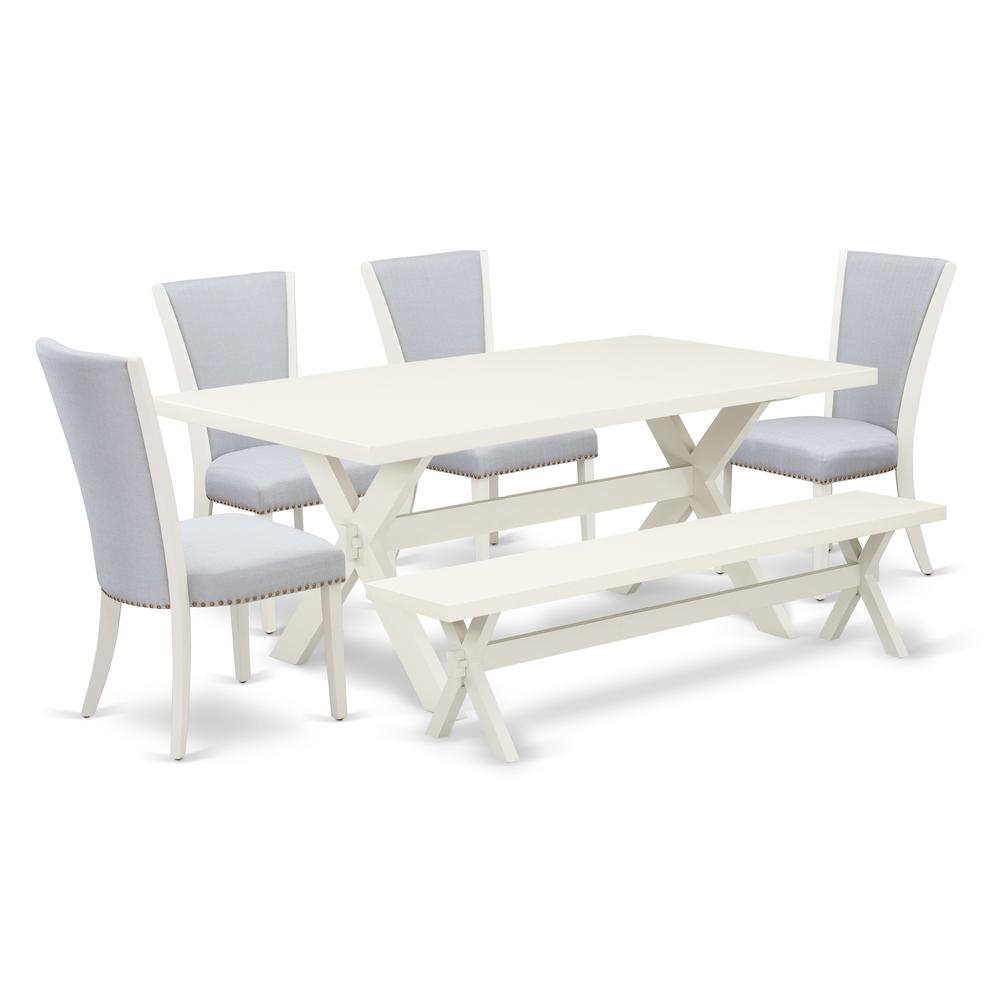 East West Furniture X027VE005-6 6 Piece Table Set - Linen White Wooden Dining Table, 1 Wooden Bench and 4 Grey Linen Fabric Parson Chairs with Nailheads - Wire Brushed Linen White Finish. Picture 1