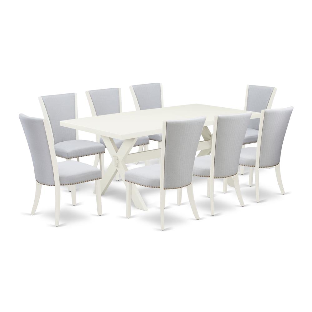 East West Furniture 9-Piece Dining Table Set Includes 8 Upholstered Chairs with Upholstered Seat and Stylish Back-Rectangular Kitchen Table - Linen White and Wirebrushed Linen White Finish. Picture 1
