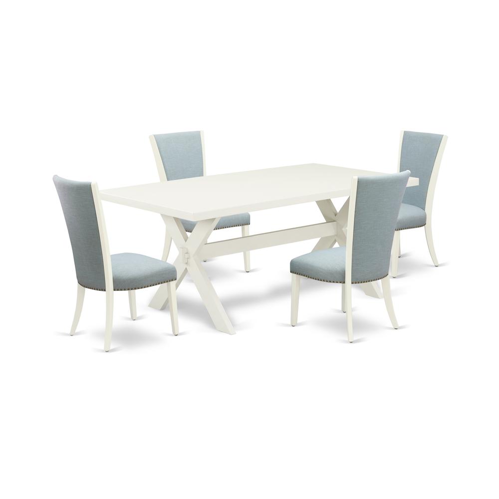 East West Furniture X027VE215-5 5 Piece Dining Table Set - 4 Baby Blue Linen Fabric Upholstered Dining Chair with Nailheads and Linen White Rectangular Dining Table - Linen White Finish. Picture 1