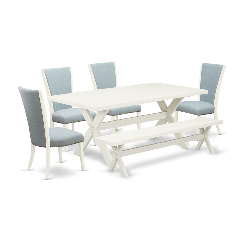 East West Furniture X027VE215-6 6 Piece dining table set - 4 Baby Blue Linen Fabric Dining Chairs with Nailheads and Linen White Dining Table - 1 Modern Bench - Linen White Finish. Picture 1