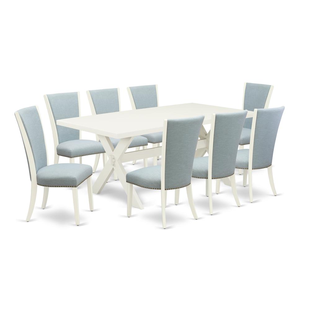 East West Furniture X027VE215-9 9 Piece Mid Century Dining Set - 8 Baby Blue Linen Fabric Dinning Chairs with Nailheads and Linen White Dining Table - Linen White Finish. Picture 1