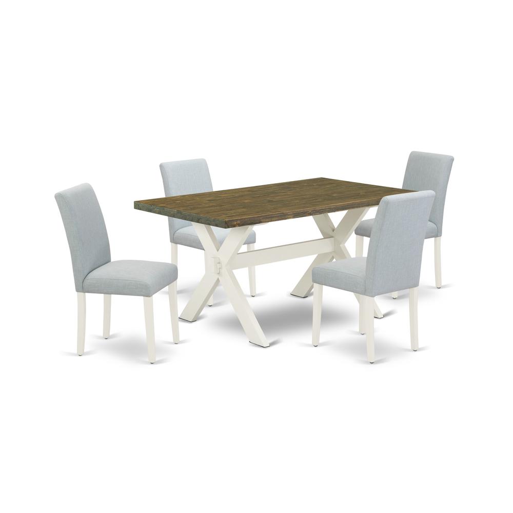 East West Furniture 5-Pc Kitchen Table Set Includes 4 Mid Century Modern Chairs with Upholstered Seat and High Back and a Rectangular Breakfast Table - Linen White Finish. Picture 1