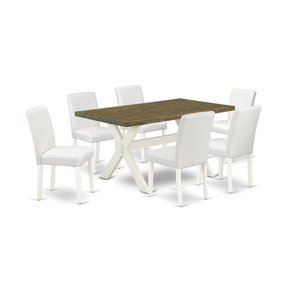 East West Furniture X076AB264-7 7-Piece Modern Rectangular Dining Room Table Set an Outstanding Distressed Jacobean Kitchen Table Top and 6 Amazing Pu Leather Solid Wood Leg Chairs with Stylish Chair. Picture 1