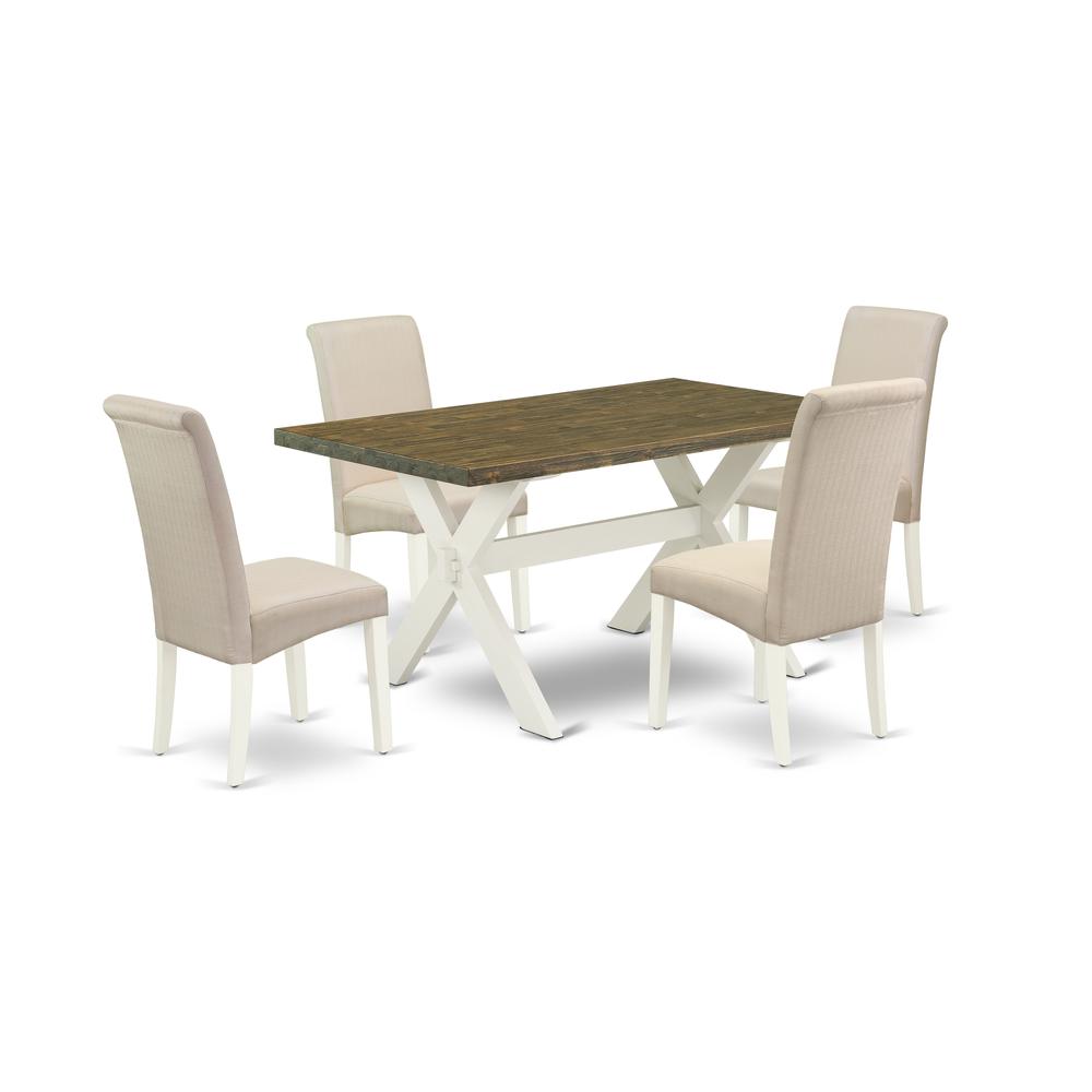 East West Furniture 5-Piece Fashionable a Good Distressed Jacobean Modern Dining Table Top and 4 Wonderful Linen Fabric Solid Wood Leg Chairs with High Roll Chair Back, Linen White Finish. Picture 1
