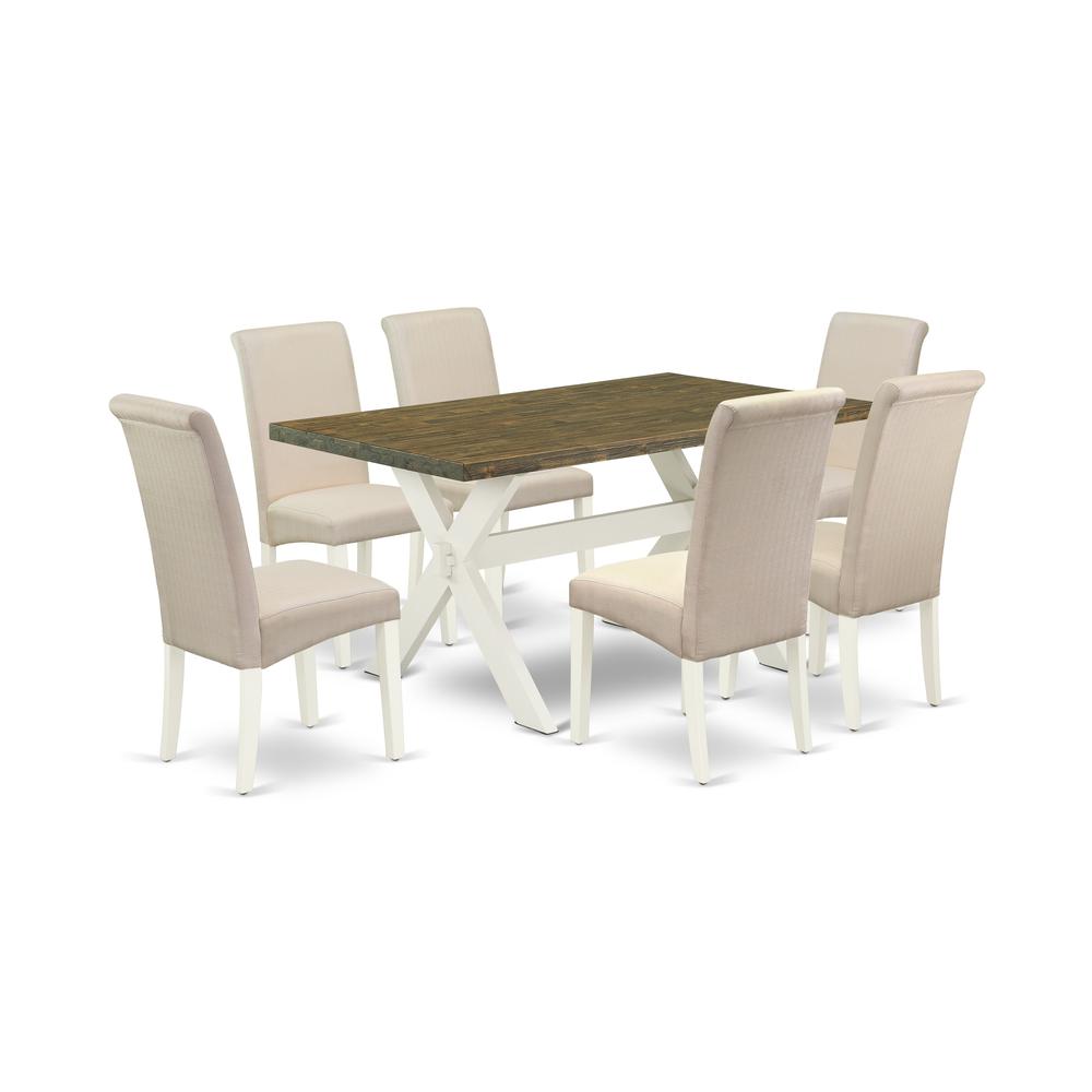 East West Furniture X076BA201-7 7-Pc Kitchen Set - 6 Dining Padded Chairs and 1 Modern Rectangular Distressed Jacobean Kitchen Dining Table Top with High Chair Back - Linen White Finish. Picture 1