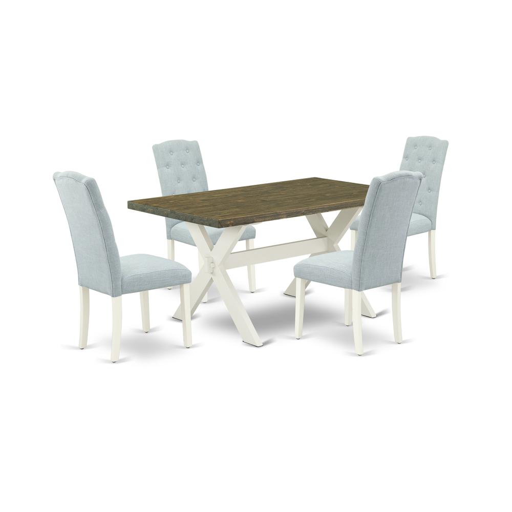 East West Furniture X076CE215-5 5-Pc Dining Table Set- 4 Dining Padded Chairs with Baby Blue Linen Fabric Seat and Button Tufted Chair Back - Rectangular Table Top & Wooden Cross Legs - Distressed Jac. Picture 1