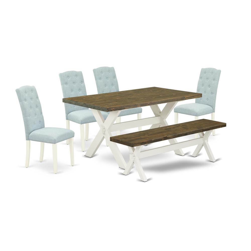 East West Furniture X076CE215-6 6-Pc Kitchen and Dining Room Set- 4 Parson Chairs with Baby Blue Linen Fabric Seat and Button Tufted Chair Back - Rectangular Top & Wooden Cross Legs Modern Dining Tabl. Picture 1