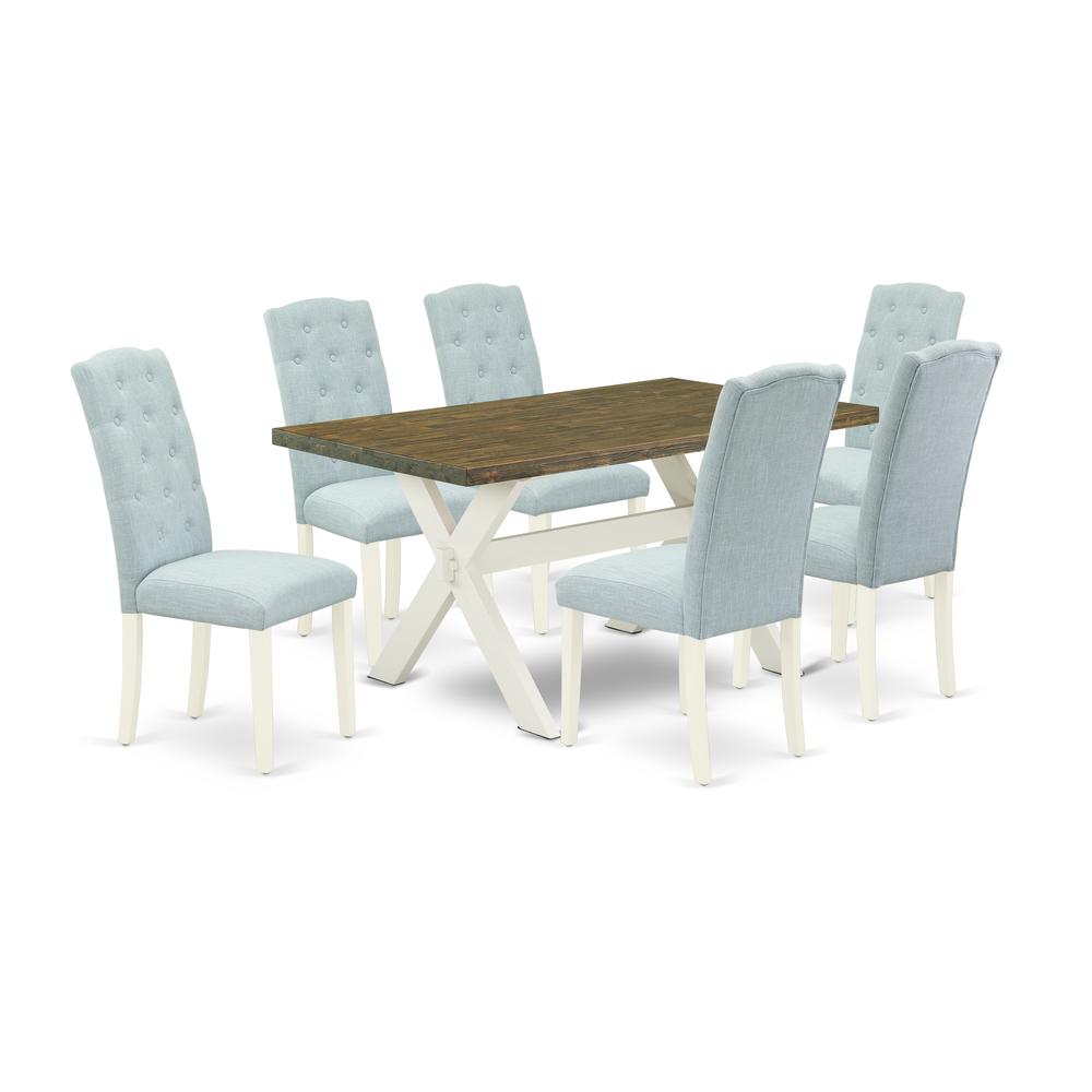 East West Furniture X076CE215-7 7-Pc Modern Dining Set- 6 Parson Chairs with Baby Blue Linen Fabric Seat and Button Tufted Chair Back - Rectangular Table Top & Wooden Cross Legs - Distressed Jacobean. Picture 1