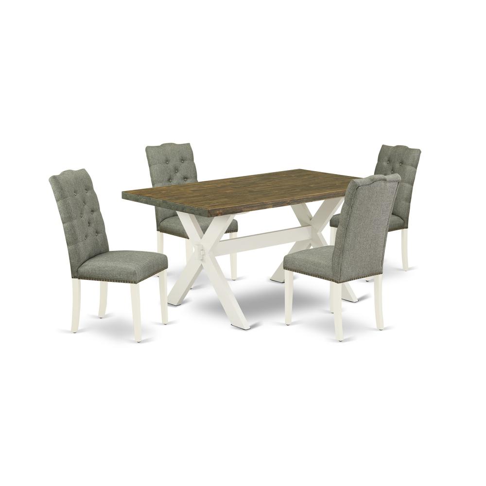 East West Furniture X076EL207-5 5-Pc Dining Room Table Set- 4 Dining Padded Chairs with Smoke Linen Fabric Seat and Button Tufted Chair Back - Rectangular Table Top & Wooden Cross Legs - Distressed Ja. Picture 1