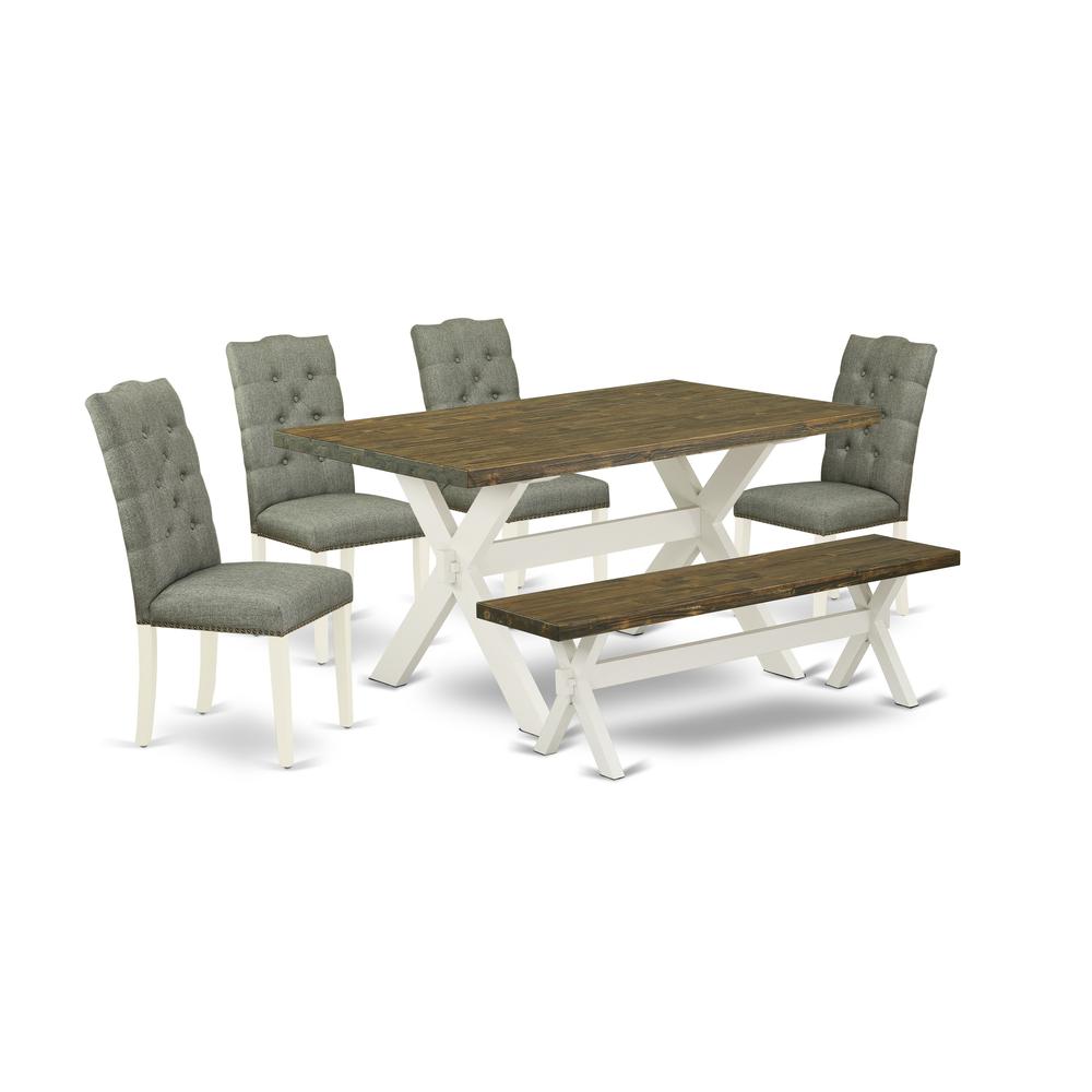 East West Furniture X076EL207-6 6-Pc Dining Table Set- 4 Dining Room Chairs with Smoke Linen Fabric Seat and Button Tufted Chair Back - Rectangular Top & Wooden Cross Legs Modern Dining Table and Dini. Picture 1
