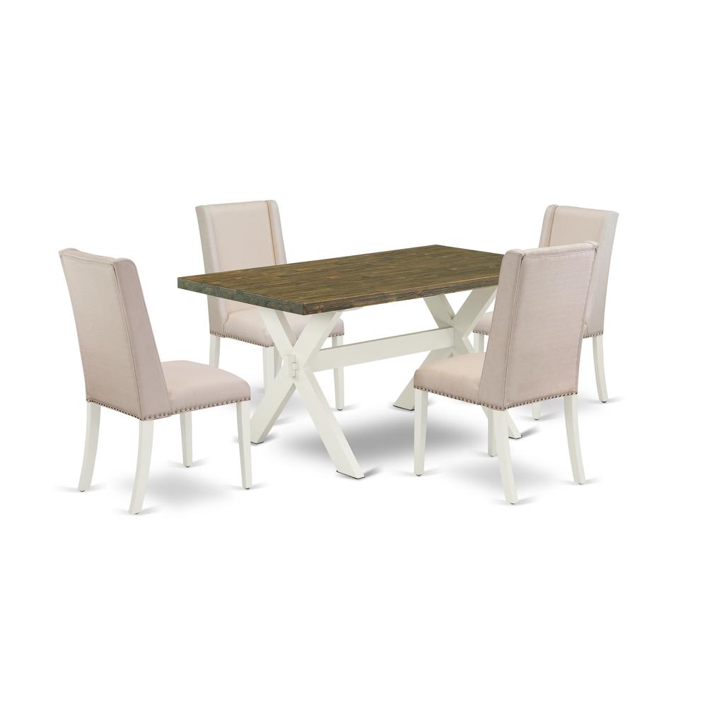 East West Furniture 5-Piece Modern Dining Room Set an Excellent Distressed Jacobean Dining Table Top and 4 Attractive Linen Fabric Parson Chairs with Nails Head and Stylish Chair Back, Linen White Fin. Picture 1