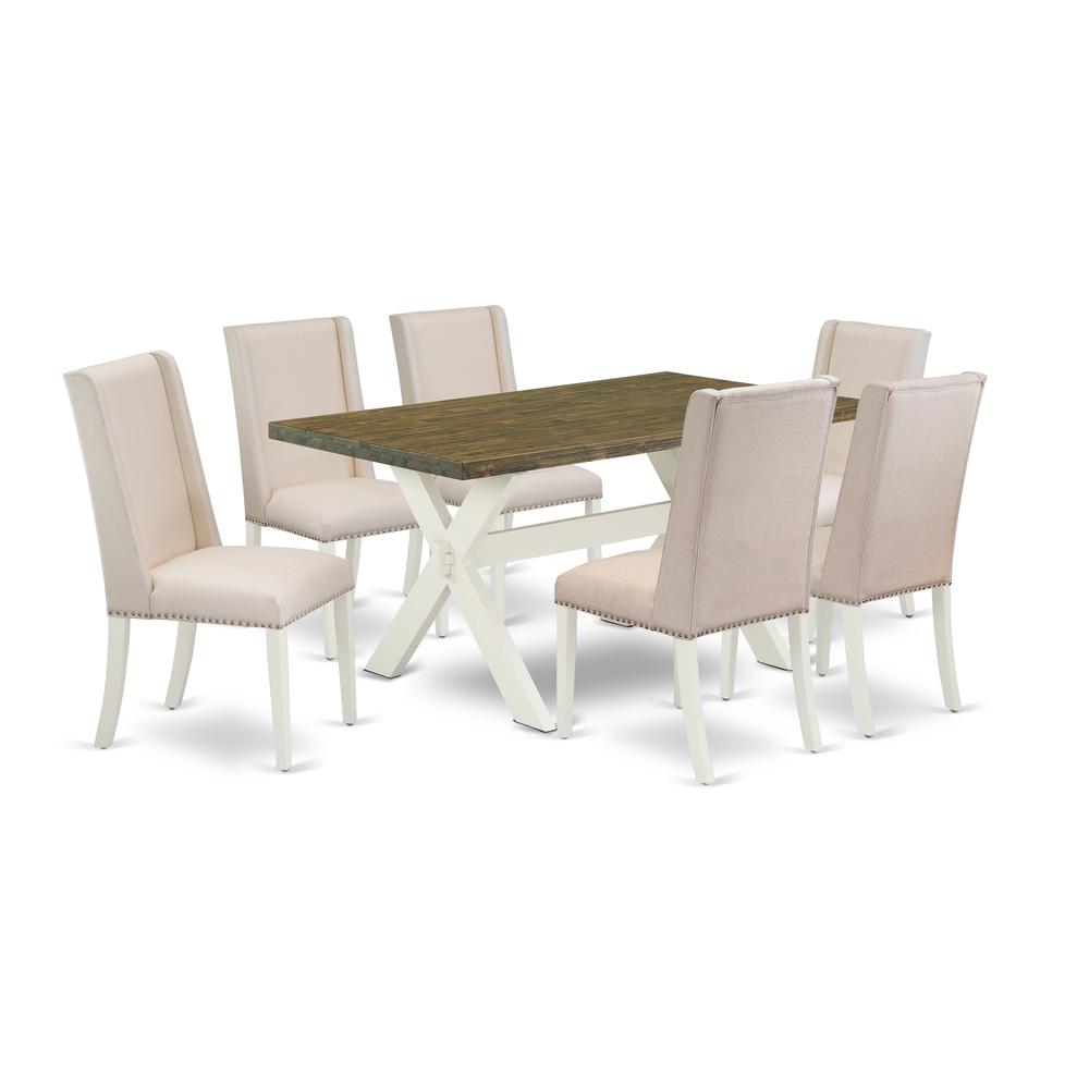 East West Furniture 7-Piece Modern kitchen table set an Excellent Distressed Jacobean Kitchen Rectangular Table Top and 6 Excellent Linen Fabric Parson Chairs with Nails Head and Stylish Chair Back, L. Picture 1