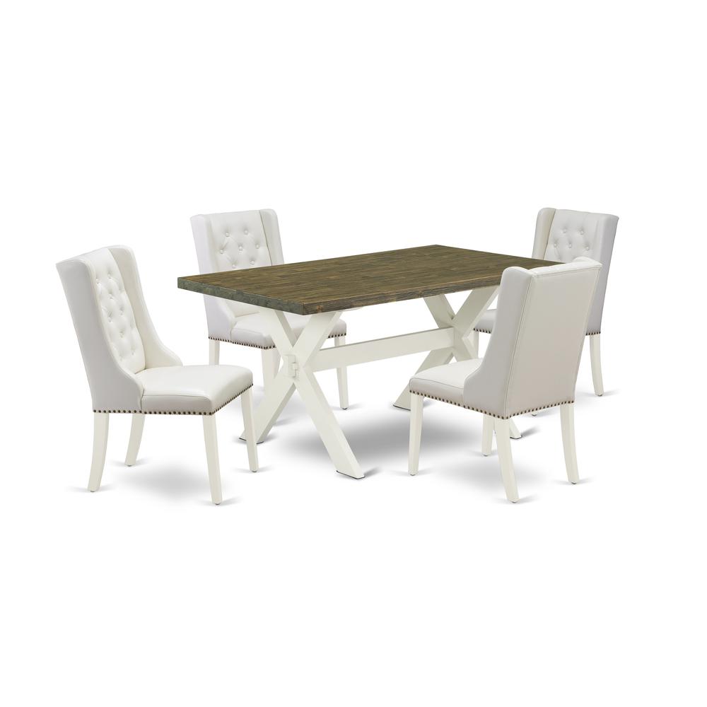 East West Furniture X076FO244-5 5-Piece Dining Table Set Consists of 4 White Pu Leather Dining Chairs with Nailheads and Distressed Jacobean Wooden Table - Linen White Finish. Picture 1