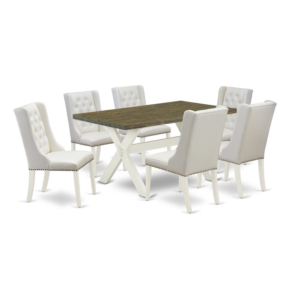 East West Furniture X076FO244-7 7-Pc Dining Set Includes 6 White Pu Leather Upholstered Dining Chair Button Tufted with Nailheads and Rectangular Dining Table - Linen White Finish. Picture 1