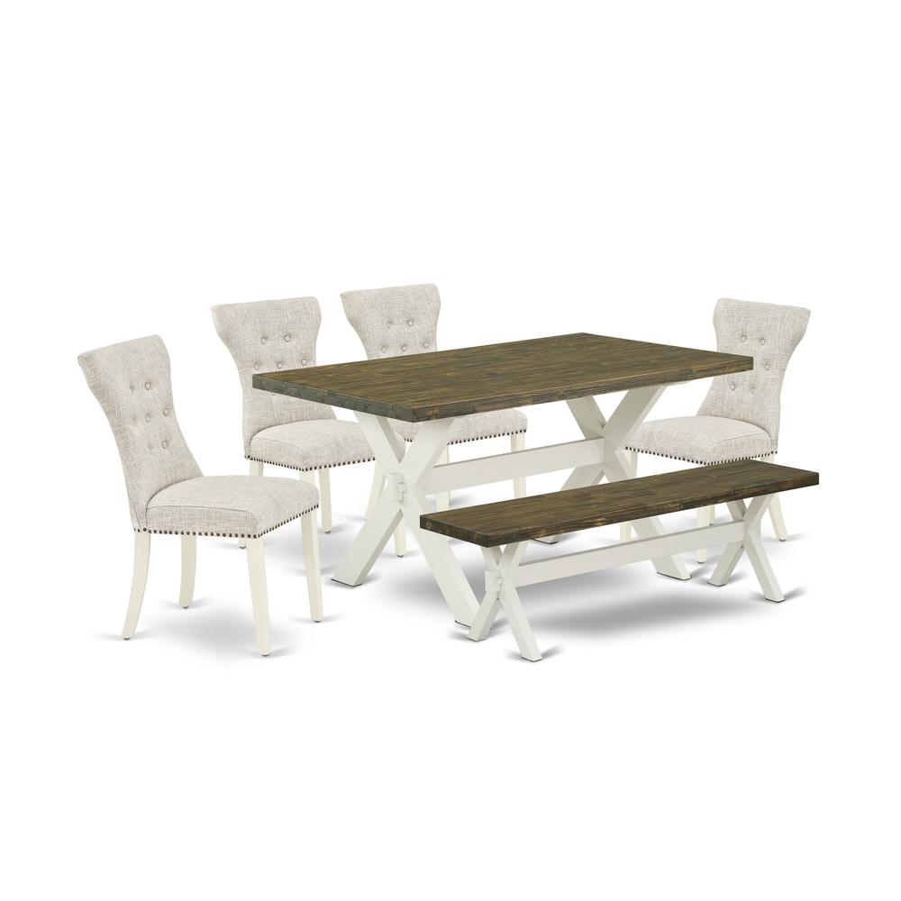 East West Furniture 6-Piece Wood Dining Table Set-Doeskin Linen Fabric Seat and Button Tufted Chair Back Modern Dining chairs, A Rectangular Bench and Rectangular Top Kitchen Table with Wooden Legs -. Picture 1