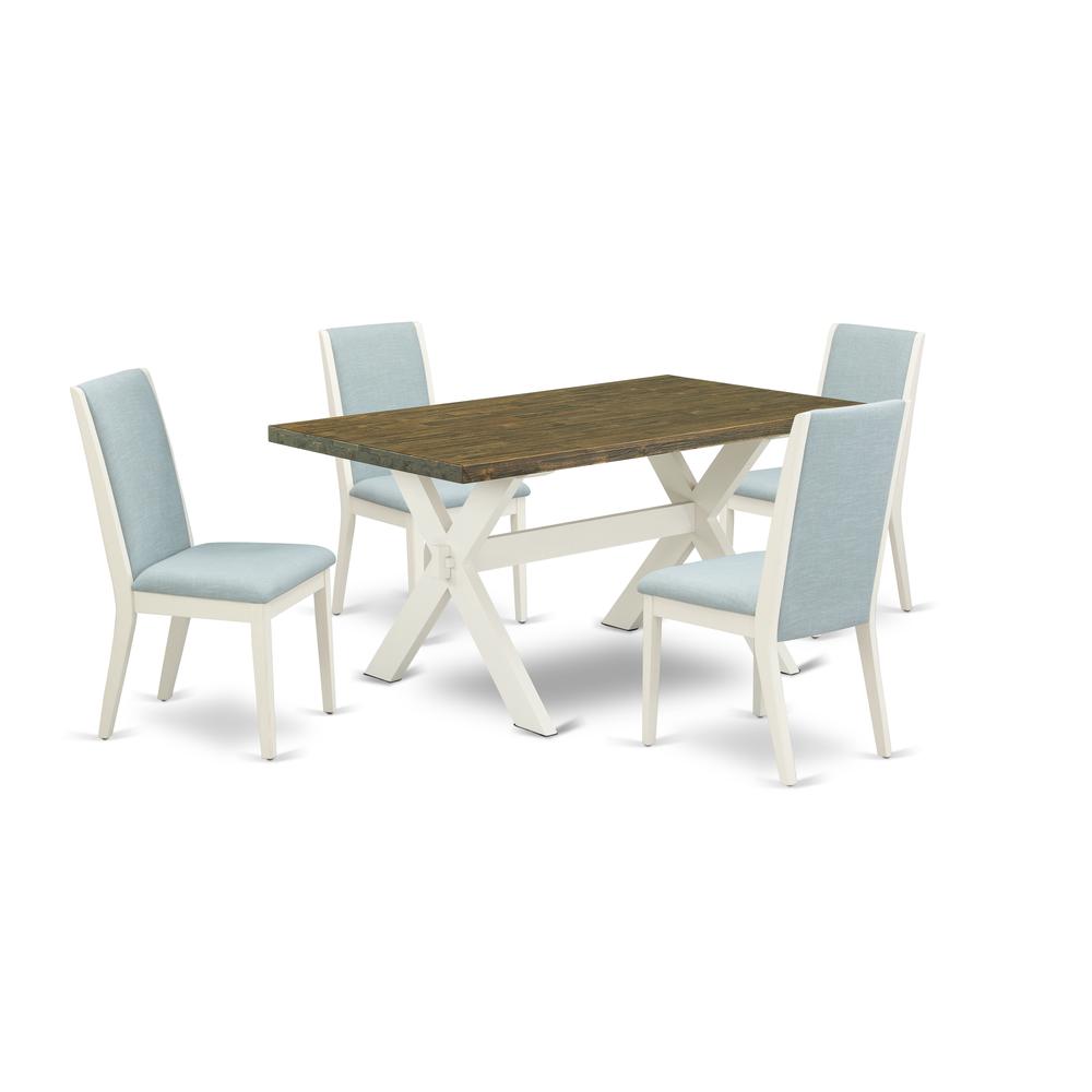 East West Furniture X076LA015-5 5Pc Dining Set Consists of a Wood Table and 4 Parson Dining Chairs with Baby Blue Color Linen Fabric, Medium Size Table with Full Back Chairs, Wirebrushed Linen White a. Picture 1
