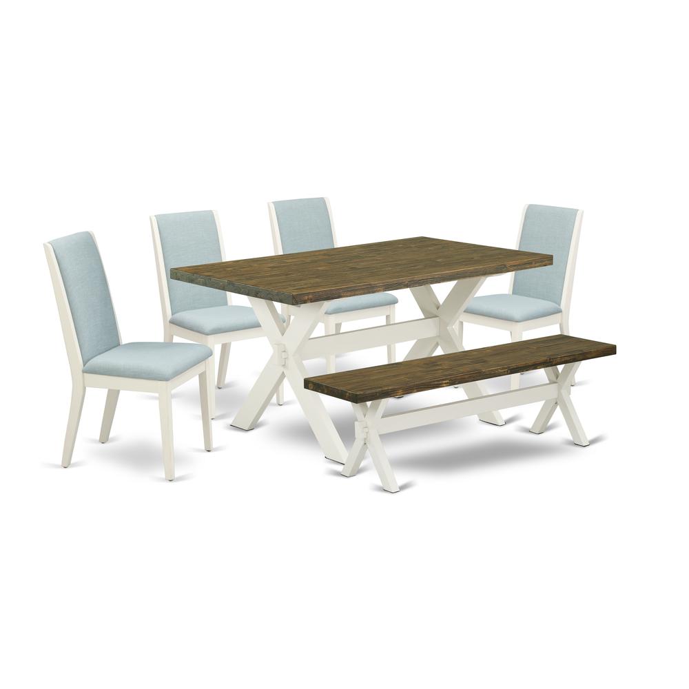 East West Furniture X076LA015-6 6Pc Dining Table Set Offers a Kitchen Table, 4 Parson Dining Chairs with Baby Blue Color Linen Fabric and a Bench, Medium Size Table with Full Back Chairs, Wirebrushed. Picture 1