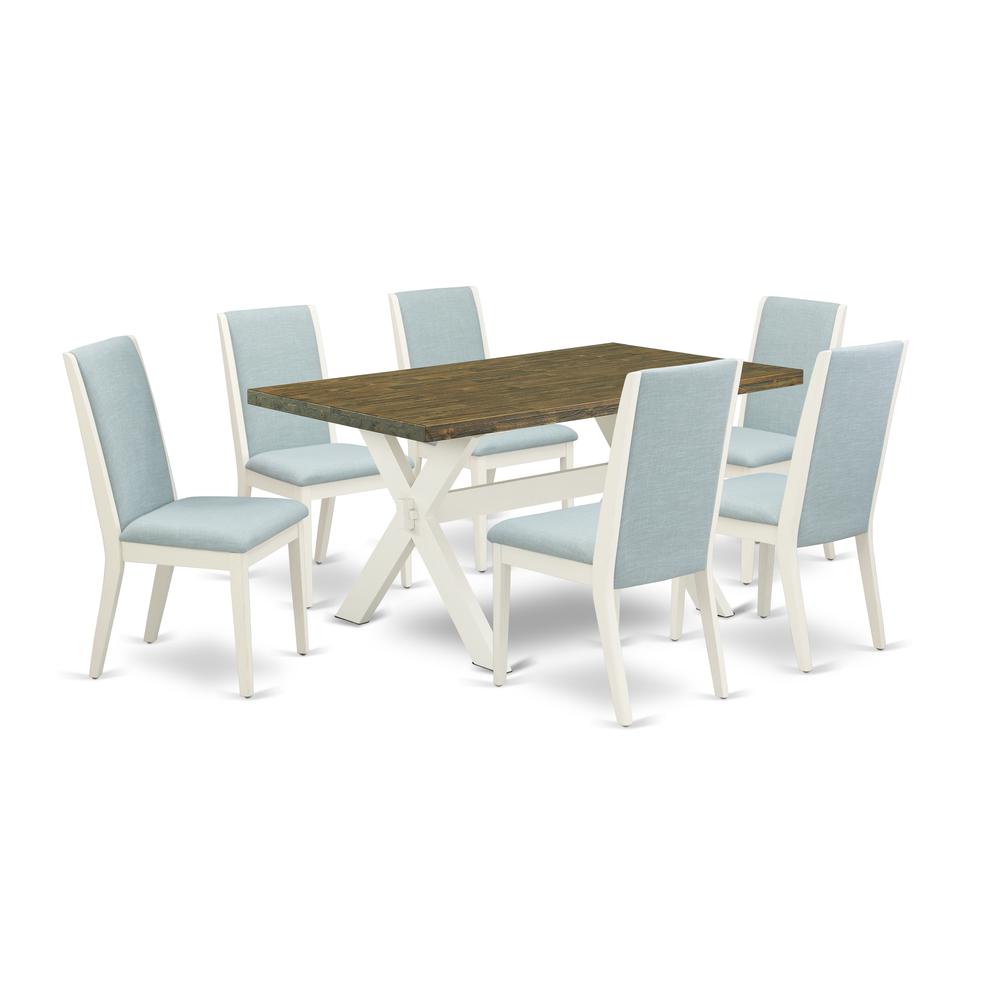 East West Furniture X076LA015-7 7Pc Dining Room Table Set Consists of a Rectangle Table and 6 Upholstered Dining Chairs with Baby Blue Color Linen Fabric, Medium Size Table with Full Back Chairs, Wire. Picture 1