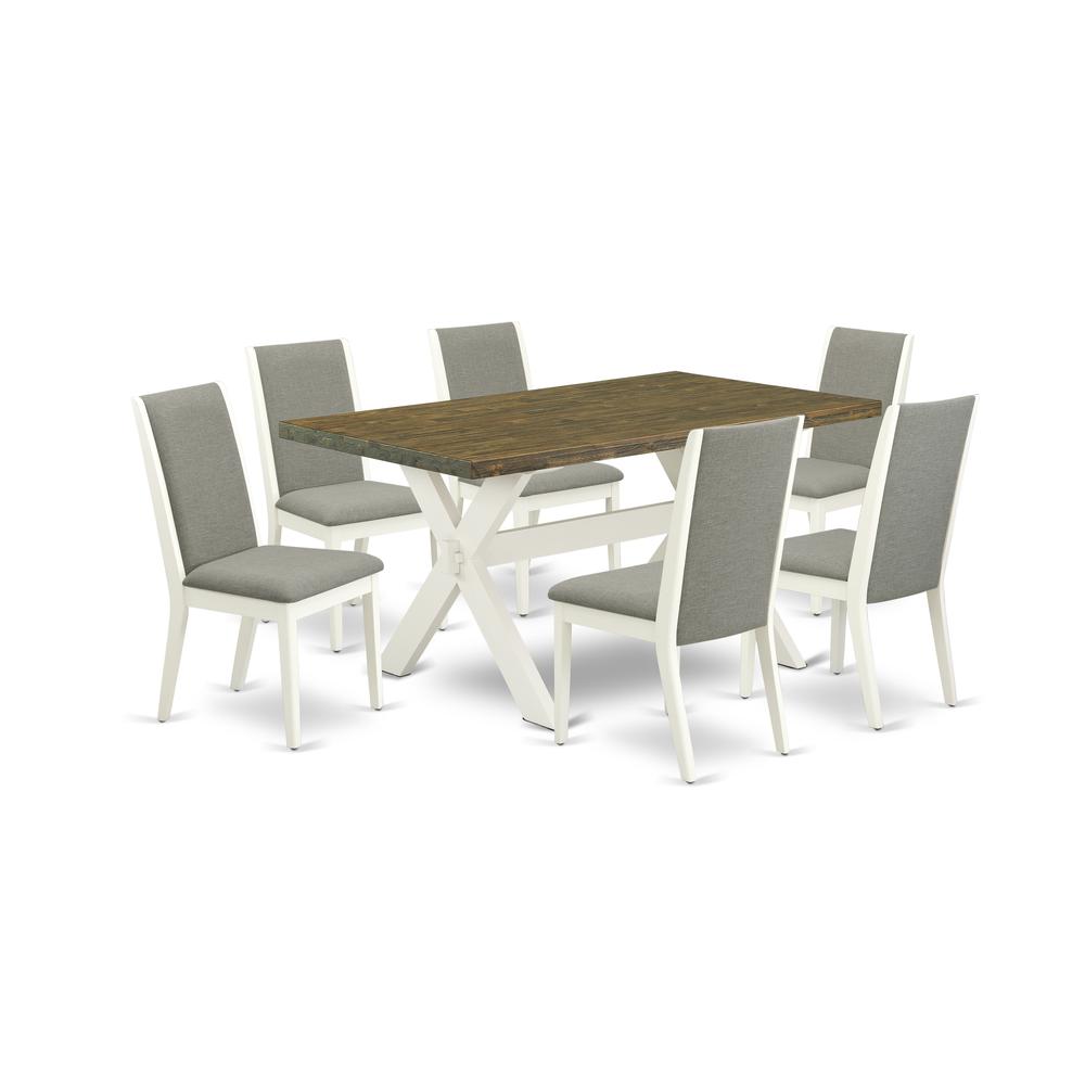 East West Furniture X076LA206-7 7-Piece Gorgeous Dining Set an Excellent Distressed Jacobean Rectangular Dining Table Top and 6 Gorgeous Linen Fabric Dining Chairs with Stylish Chair Back, Linen White. Picture 1