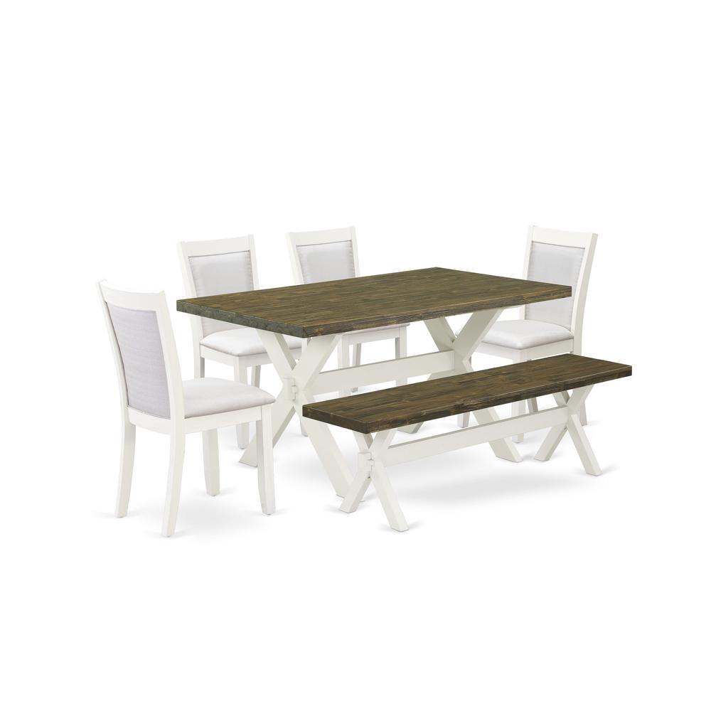 X076MZ001-6 6-Pc Table Set Consists of a Dining Table - 4 Cream Parson Chairs and a Wood Bench - Wire Brushed Linen White Finish. Picture 2