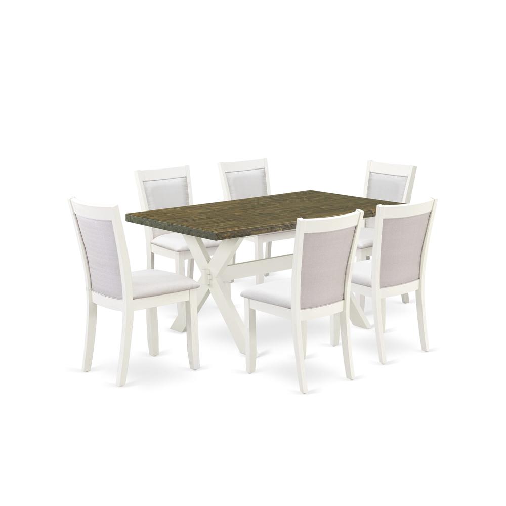 X076MZ001-7 7-Piece Modern Dining Table Set Consists of a Wooden Table and 6 Cream Dining Chairs - Wire Brushed Linen White Finish. Picture 2