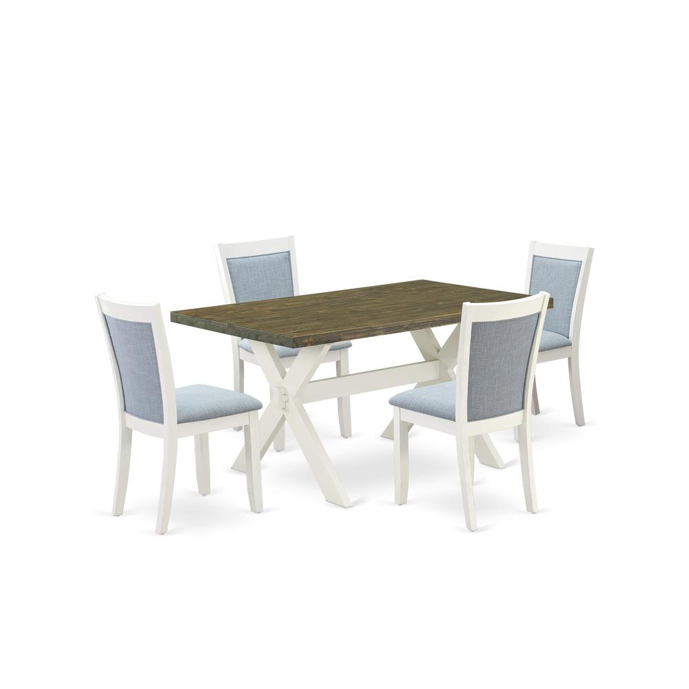 X076MZ015-5 5-Piece Dining Table Set Consists of a Wood Table and 4 Baby Blue Parson Chairs - Wire Brushed Linen White Finish. Picture 2