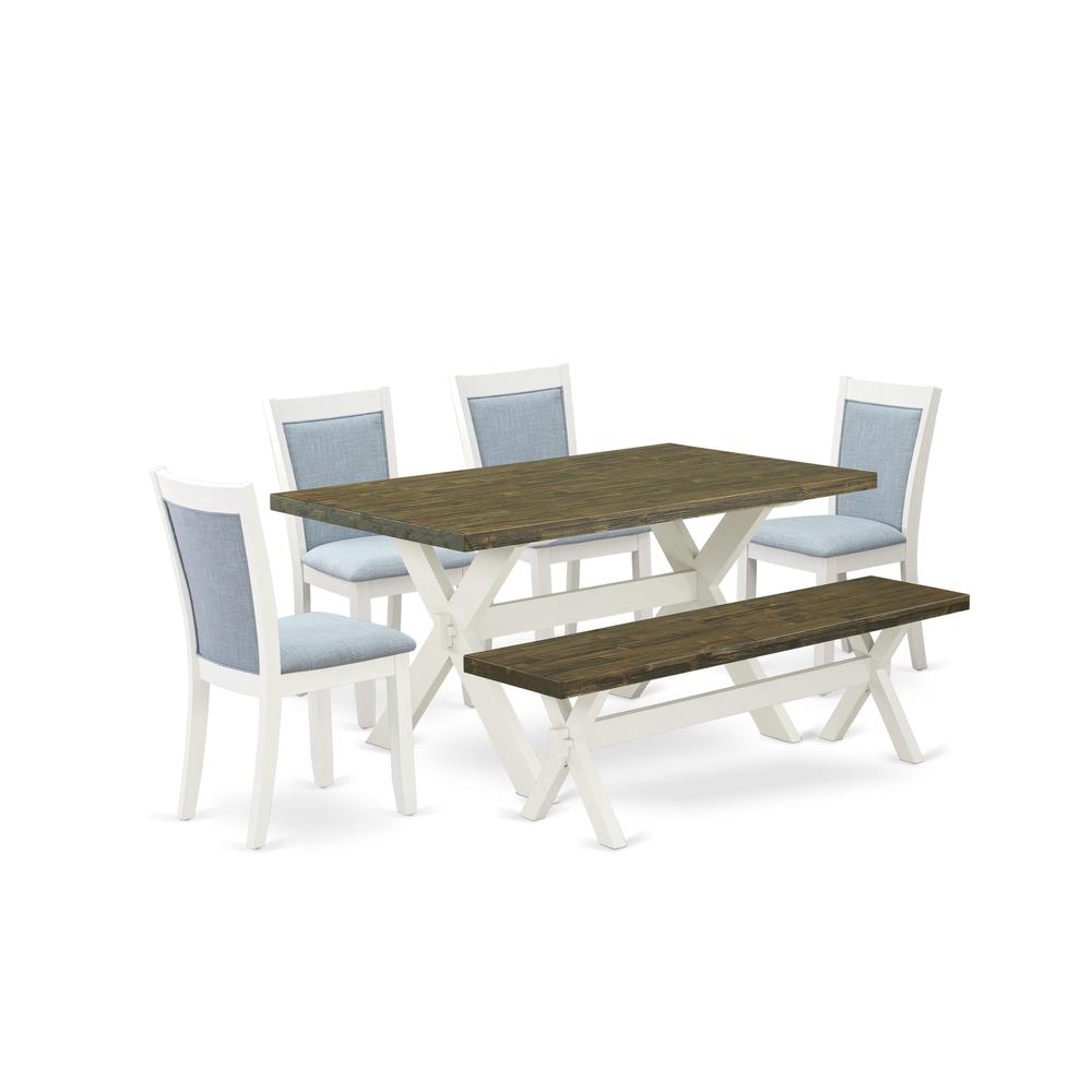 X076MZ015-6 6-Pc Table Set Consists of a Wood Table - 4 Baby Blue Padded Chairs and a Wood Bench - Wire Brushed Linen White Finish. Picture 2