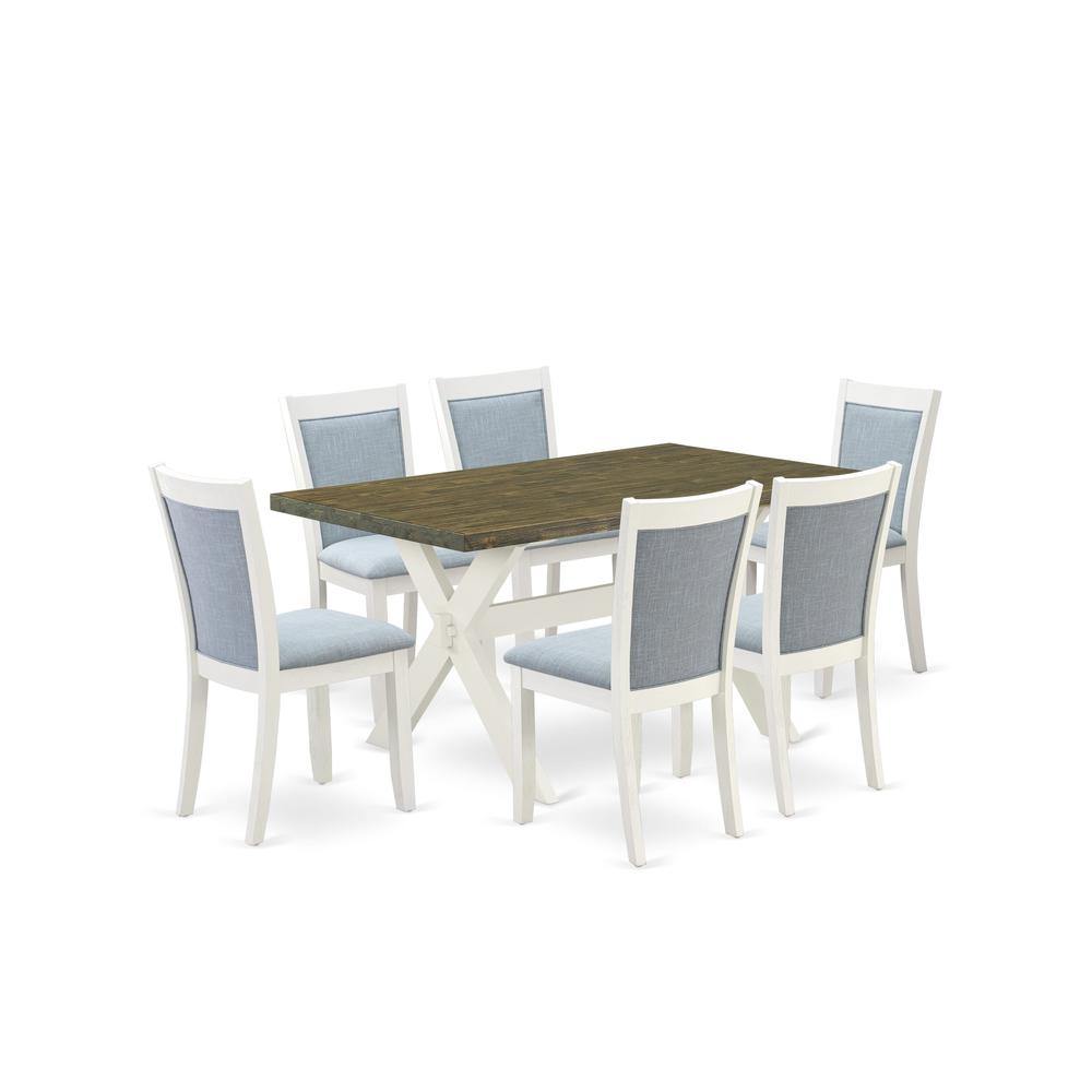 X076MZ015-7 7-Piece Kitchen Table Set Consists of a Dinner Table and 6 Baby Blue Parsons Chairs - Wire Brushed Linen White Finish. Picture 2