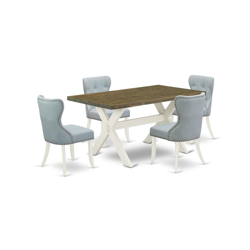 East West Furniture X076SI215-5 5-Piece Modern Dining Table Set- 4 Dining Chair with Baby Blue Linen Fabric Seat and Button Tufted Chair Back - Rectangular Table Top & Wooden Cross Legs - Distressed J. Picture 1