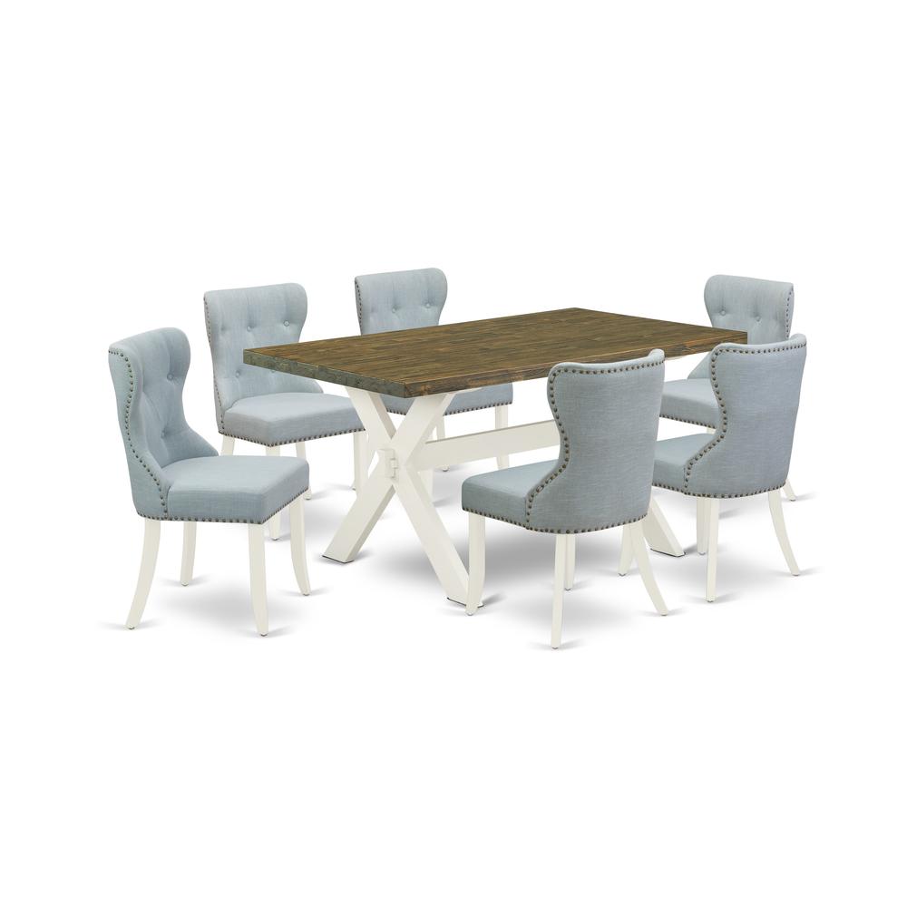 East West Furniture X076SI215-7 7-Pc Dinette Set- 6 Parson Chairs with Baby Blue Linen Fabric Seat and Button Tufted Chair Back - Rectangular Table Top & Wooden Cross Legs - Distressed Jacobean and Li. Picture 1