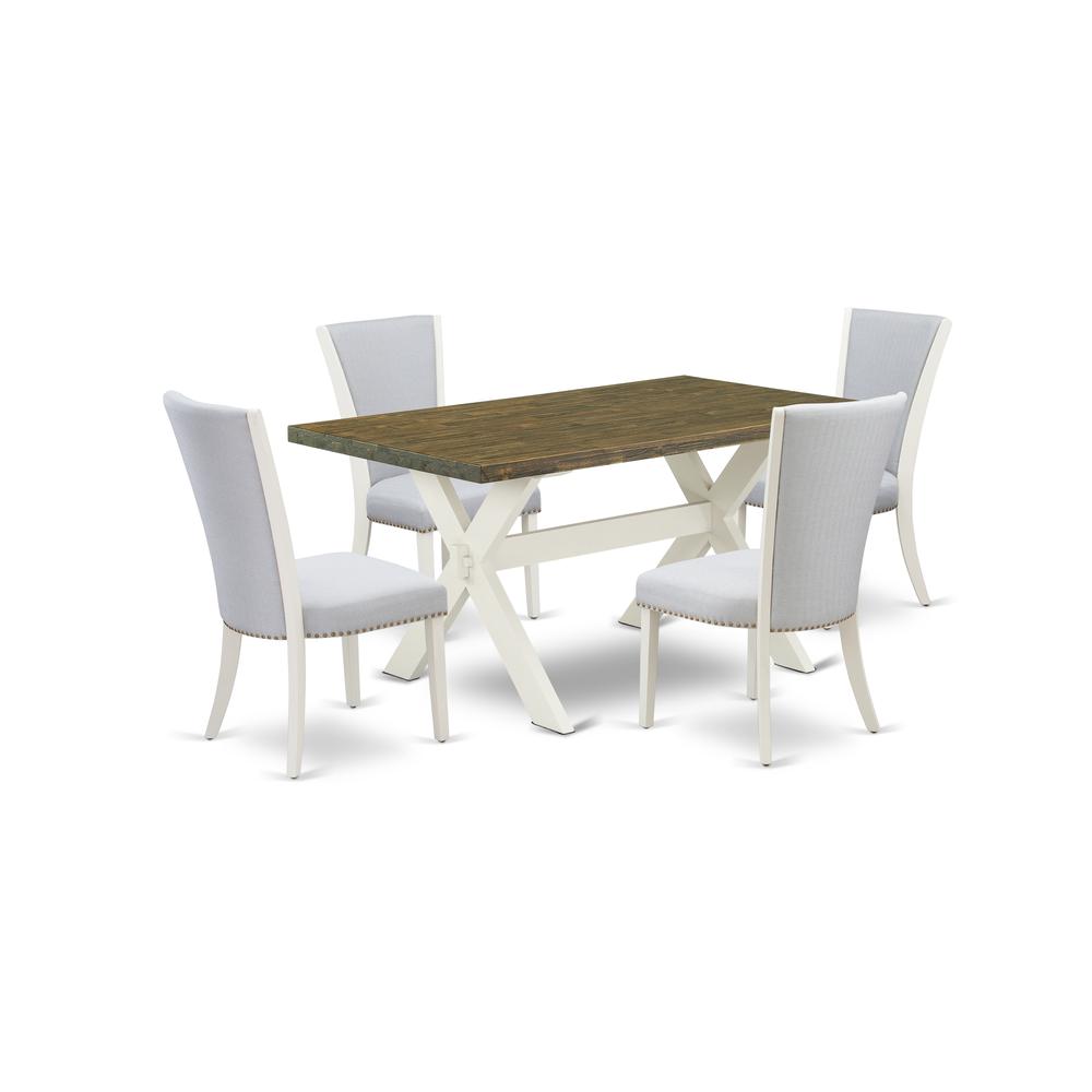 East West Furniture 5-Pc Dinette Set Consists of 4 Mid Century Modern Dining Chairs with Fabric Seat-Rectangular Dining Room Table - Distressed Jacobean and Wirebrushed Linen White Finish. Picture 1