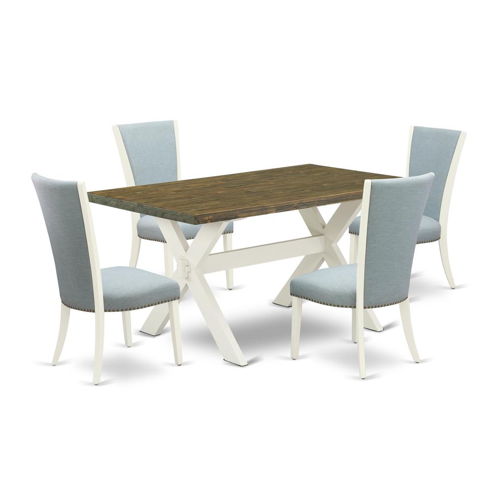 East West Furniture X076VE215-5 5 Piece Dining Table Set - 4 Baby Blue Linen Fabric Upholstered Chair with Nailheads and Distressed Jacobean Wood Dining Table - Linen White Finish. Picture 1