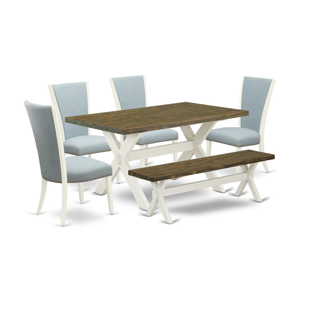 East West Furniture X076VE215-6 6 Piece Dining Room Table Set - 4 Baby Blue Linen Fabric Modern Chair with Nailheads and Distressed Jacobean Rectangular Table - 1 Dining Bench - Linen White Finish. Picture 1