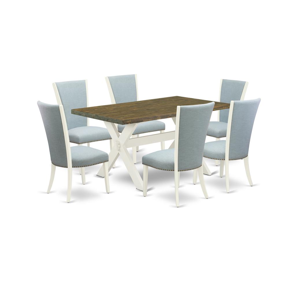 East West Furniture X076VE215-7 7 Piece Dining Room Table Set - 6 Baby Blue Linen Fabric Parson Dining Room Chairs with Nailheads and Distressed Jacobean Wood Dining Table - Linen White Finish. Picture 1