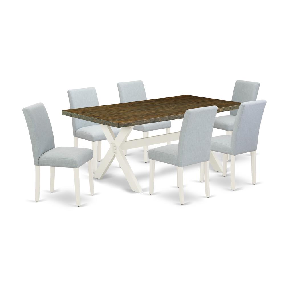 East West Furniture 7-Piece Kitchen Table Set Includes 6 Dining Chairs with Upholstered Seat and High Back and a Rectangular Wood Dining Table - Linen White Finish. Picture 1