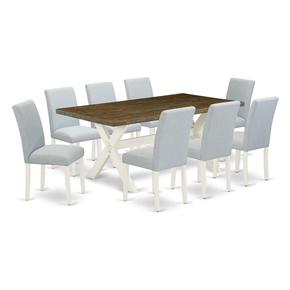East West Furniture 9-Piece wooden dining table set Includes 8 Kitchen Chairs with Upholstered Seat and High Back and a Rectangular Kitchen Table - Linen White Finish. Picture 1