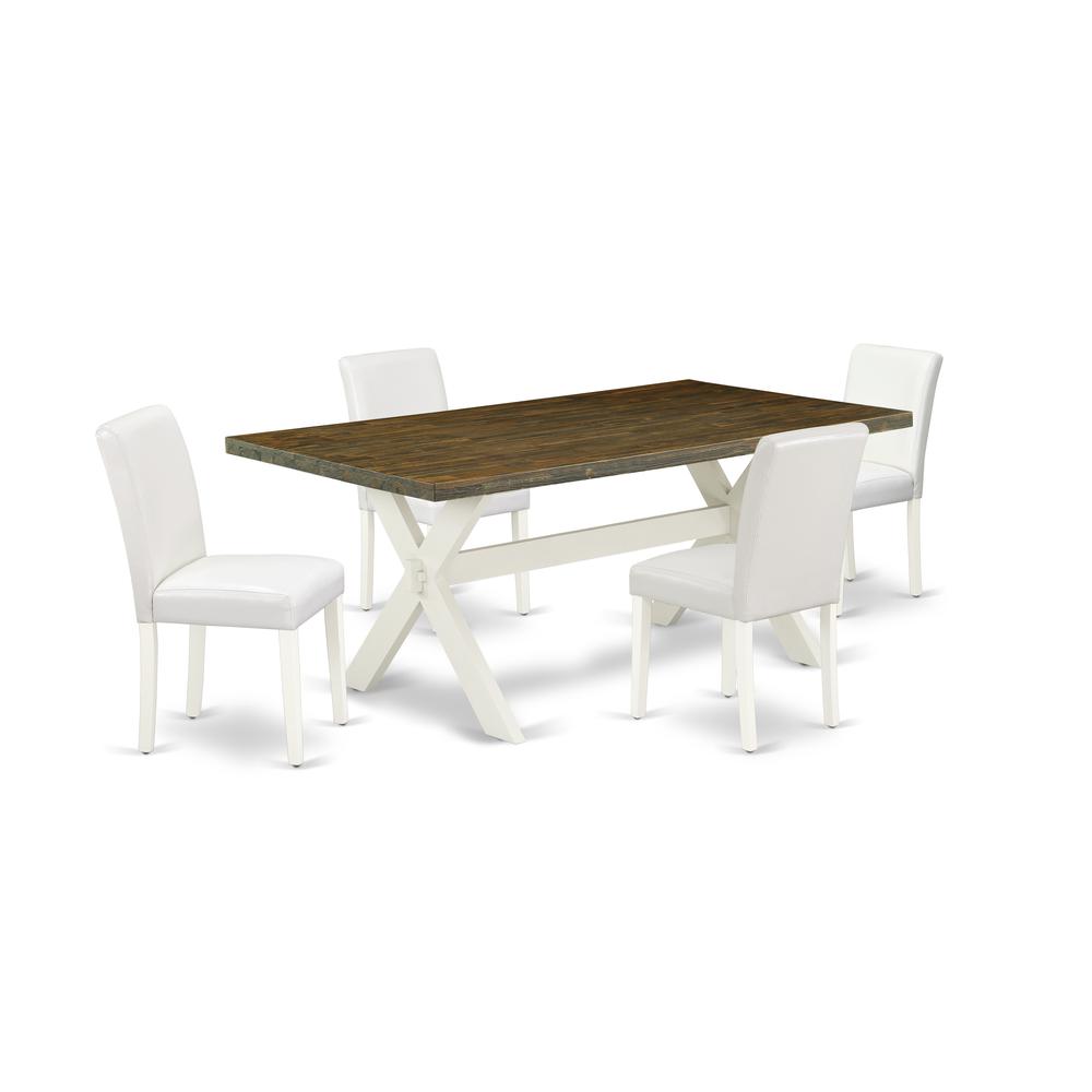 East West Furniture X077AB264-5 5-Piece Modern kitchen table set a Superb Distressed Jacobean Kitchen Table Top and 4 Lovely Pu Leather Parson Dining Chairs with Stylish Chair Back, Linen White Finish. Picture 1