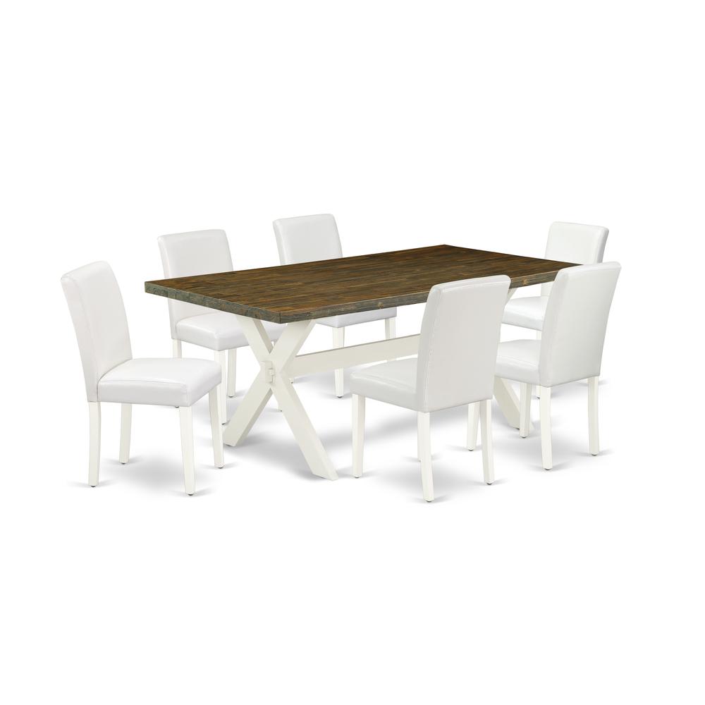 East West Furniture X077AB264-7 7-Piece Amazing a Great Distressed Jacobean rectangular Table Top and 6 Excellent Pu Leather Dining Room Chairs with Stylish Chair Back, Linen White Finish. Picture 1