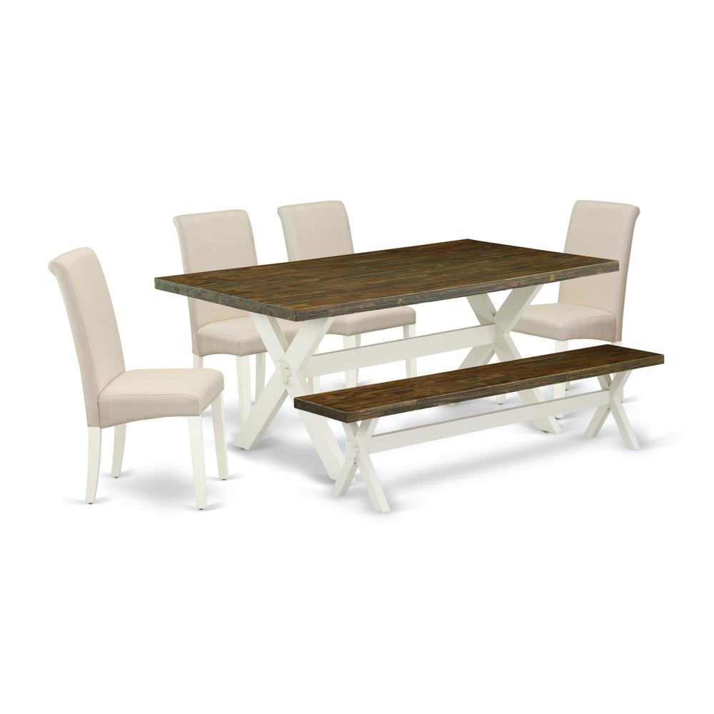 East West Furniture X077BA201-6 6-Pc Dining Room Set - 4 Kitchen Chairs, a Small Bench Distressed Jacobean Top and 1 Modern Distressed Jacobean Kitchen Table Top - Linen White Finish. Picture 1