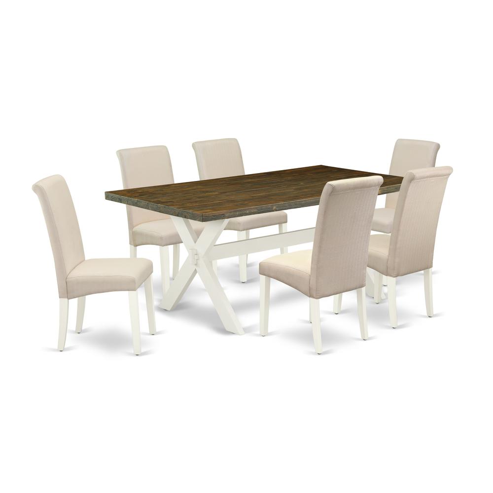 East West Furniture X077BA201-7 7-Pc Dinette Set - 6 Mid Century Dining Chairs and 1 Modern Rectangular Distressed Jacobean Wooden Dining Table Top with High Chair Back - Linen White Finish. Picture 1