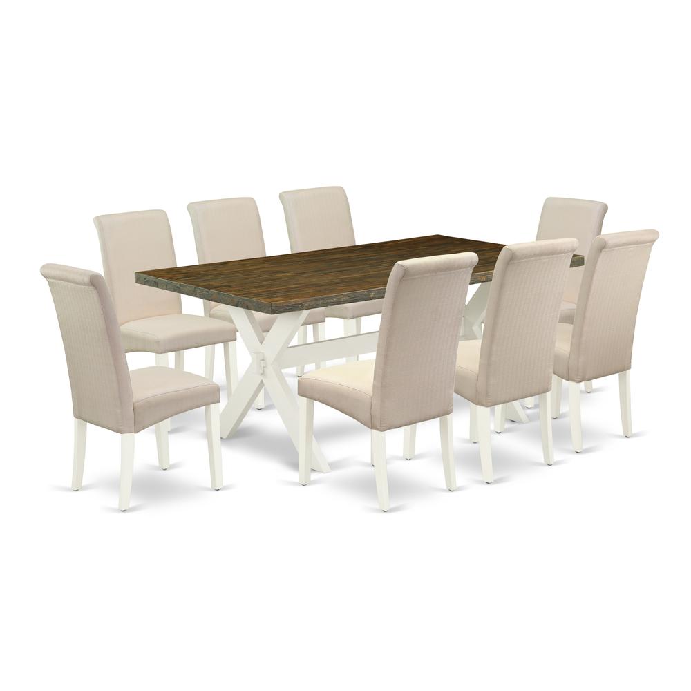 East West Furniture X077BA201-9 9-Pc Dining Table Set - 8 Kitchen Chairs and 1 Modern Rectangular Distressed Jacobean Wood Dining Table Top with High Chair Back - Linen White Finish. Picture 1