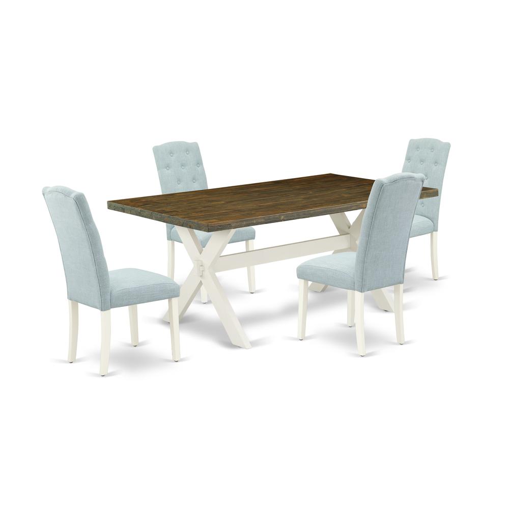 East West Furniture X077CE215-5 5-Piece Dining Room Set- 4 Dining Chair with Baby Blue Linen Fabric Seat and Button Tufted Chair Back - Rectangular Table Top & Wooden Cross Legs - Distressed Jacobean. Picture 1